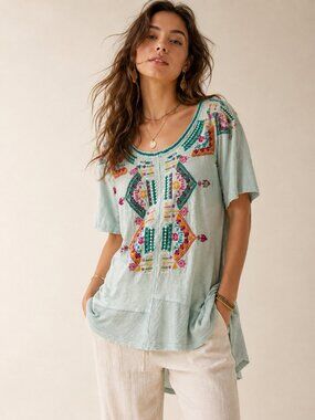 Sundance Embroidered Boho Cotton Tunic Top Aqua Blue Hi-Low
